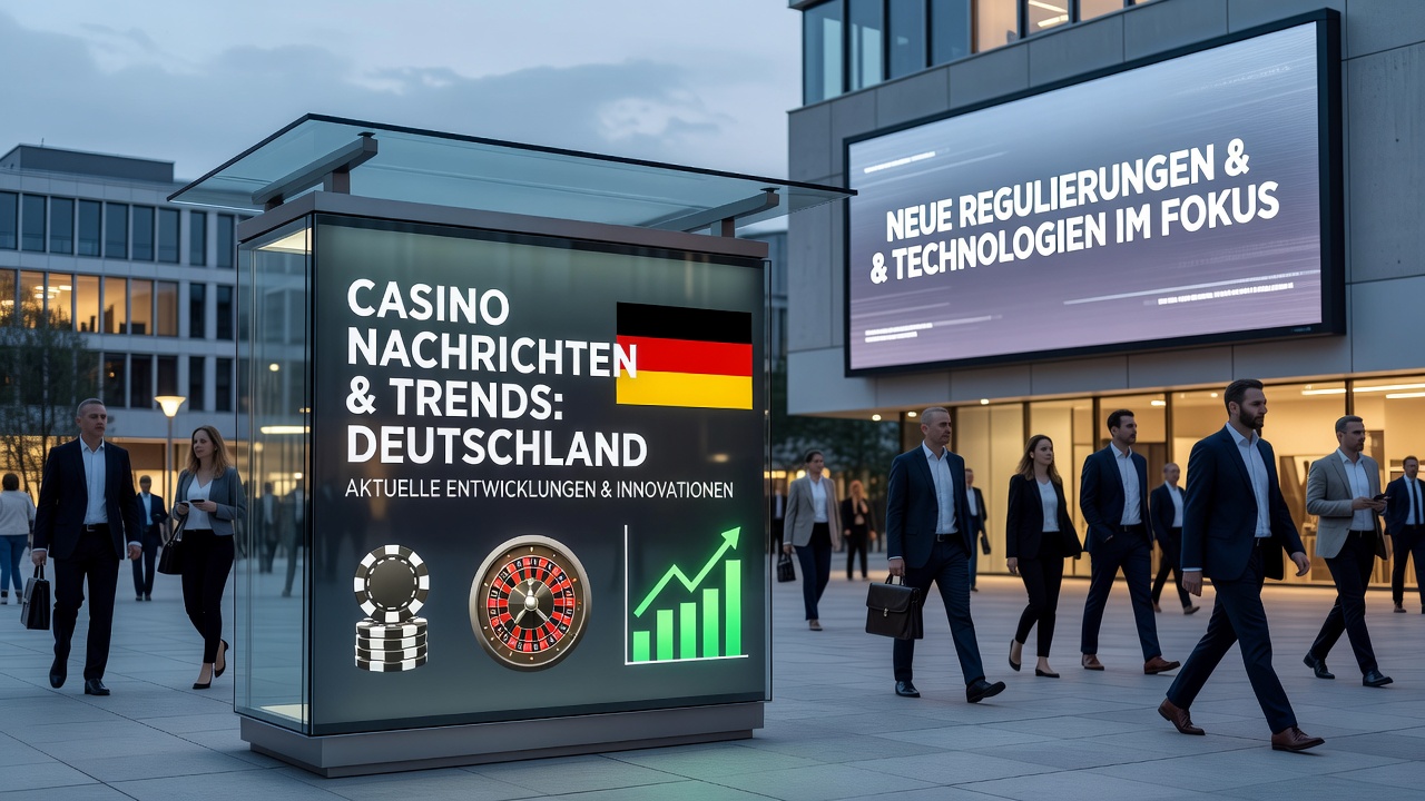 Ein moderner Spielbanksaal in Deutschland mit leuchtenden Gaming-Maschinen und Gästen, die die Atmosphäre genießen