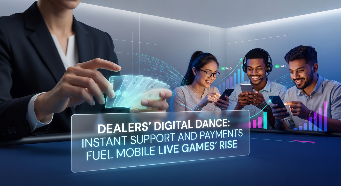 Dealer bei einem mobilen Live-Game mit Smartphone in der Hand, umgeben von digitalen Effekten und Zahlungssymbolen