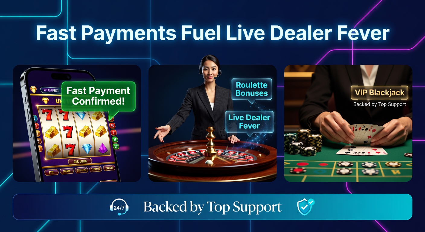 Live-Dealer-Tisch mit Roulette-Rad und mobilen Slots auf Smartphone-Bildschirm, umgeben von Symbolen schneller Zahlungen wie Blitz und Kreditkarten